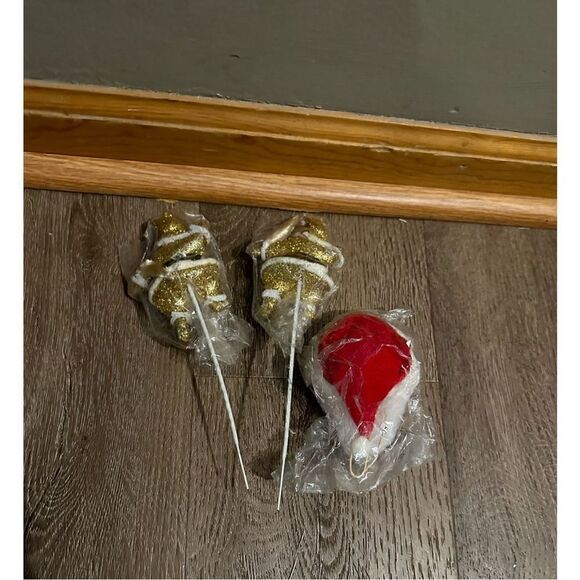 Vintage Flocked Santa Floral Picks Decor Gold Glitter & Santa Head 3 pieces MCM - Picture 4 of 7